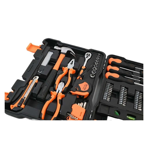 Go Anywhere 109 Piece Socket And Wrench Set Auto Repair Combo Kit Portable Garage Tools with orange handles and sockets.