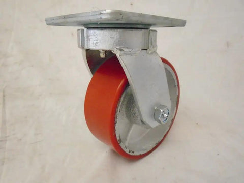 Rock Solid 5X2 Inch Polyurethane On Steel Caster Kit With Two Swivel And Two Rigid Red Wheels showing a swivel caster with a red polyurethane wheel.