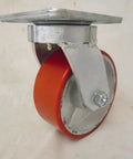 Built Tough Heavy Duty Swivel Casters With Bulletproof 5 Inch Polyurethane Wheels On Steel Core Rock Solid 1100 Lb Capacity Kingpinless Design showing a single red caster with silver bracket.