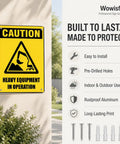 Heavy Equipment In Operation Aluminum Warning Sign 12x8 Inches on wall emphasizing durability and mounting options.
