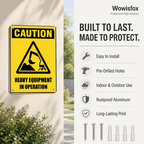 Heavy Equipment In Operation Aluminum Warning Sign 12x8 Inches on wall emphasizing durability and mounting options.