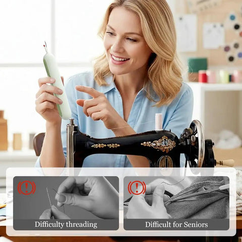 Smiling woman using 2 In 1 Needle Threader And Seam Ripper For Sewing Enthusiasts And Seniors next to sewing machine