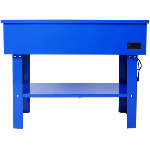 Heavy Duty 40 Gallon Parts Washer With 24 Gallon Solvent Tank And 5 GPM Full Throttle Pump Solid Steel Shop Beast Garage Rated Mechanic Approved Cleaner Powder Coated Blue side view with sturdy legs and lower shelf.