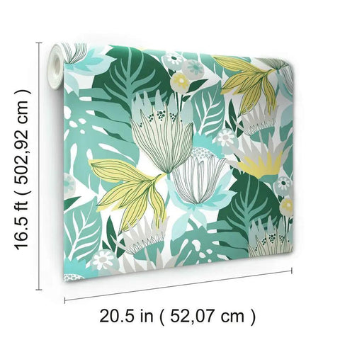 Teal And Yellow Retro Tropical Leaves Peel And Stick Wallpaper Roll For Accent Walls Dope Vibe 20.5 Inch Wide By 16.5 Feet Long