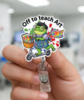 Off To Teach Art Teacher Badge Reel With Funny Frog Meme Design, 2x2 in ABS reel with 24-inch cord