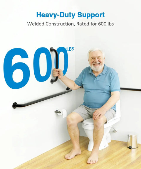 Man demonstrating Built Different Matte Black Grab Bar Bundle Three Piece Set ADA Compliant for bathroom safety support.