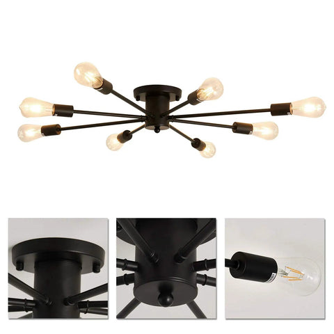 8 Light Matte Black Semi Flush Mount Ceiling Fixture With Dope Vintage Industrial Farmhouse Vibe for kitchen. Easy install.