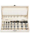 Heavy Duty Eight Piece Forstner Bit Set High Speed Carbon Steel Wood Drilling Kit shown in storage case with size labels.