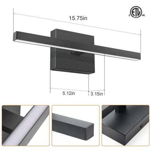 Sleek Black Vanity Light Over Mirror, 15.7 Inch, 12W Dimmable LED Fixture With 5 CCTs, Ultra-Slim Bar Design, ETL Certified