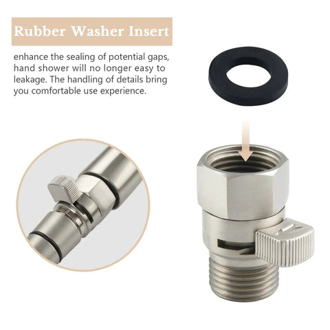 Universal Shower Head Flow Restrictor With G One Half Inch Adapter One Handed Non Slip Lever For Easy Flow Control Fits Most Shower Heads Brushed Nickel Finish, rubber washer insert