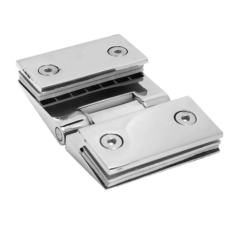 Heavy Duty 304 Stainless Steel Beveled Double Sided Shower Door Hinge With Complete Installation Kit Fits 8 To 12 Mm, close-up view.