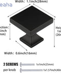 Image showing Six Pack Black Square Cabinet Knobs From Solid Zinc Alloy For Kitchen Cupboard Dresser And Bathroom One And One Tenth Inch Square Face Three Quarter Inch Projection Easy Fit Replacement Hardware Pulls with measurements and screws included.