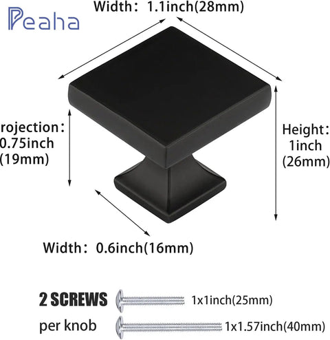 Image showing Six Pack Black Square Cabinet Knobs From Solid Zinc Alloy For Kitchen Cupboard Dresser And Bathroom One And One Tenth Inch Square Face Three Quarter Inch Projection Easy Fit Replacement Hardware Pulls with measurements and screws included.