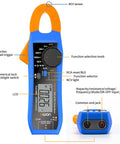Front view of Compact Digital Clamp Meter 100A True RMS Multimeter For DIY Pros, highlighting NCV sensor and function selection knob