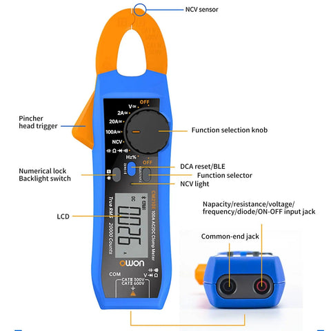Front view of Compact Digital Clamp Meter 100A True RMS Multimeter For DIY Pros, highlighting NCV sensor and function selection knob