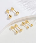 14K Gold Ball Stud Earrings For Women And Men Hypoallergenic 316L Surgical Steel Plated With 14K Gold Screw Back Flatback Cartilage Tragus Helix Earrings Nickel Free Long Lasting Bright Finish, four pairs on white background