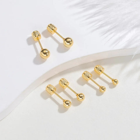 14K Gold Ball Stud Earrings For Women And Men Hypoallergenic 316L Surgical Steel Plated With 14K Gold Screw Back Flatback Cartilage Tragus Helix Earrings Nickel Free Long Lasting Bright Finish, four pairs on white background