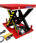 Heavy Duty Electric Hydraulic Scissor Lift Table With Beefy Steel Build And Massive 13200 Lb Capacity for the Garage Or Warehouse with foot pedal.