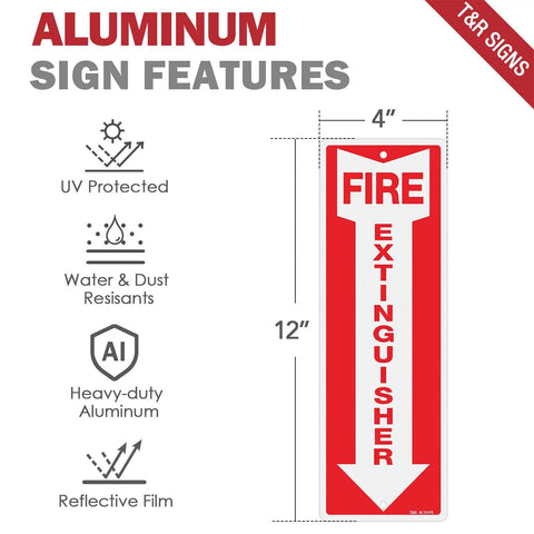 Metal Fire Extinguisher Sign 4 Pack, 12 By 4 Inch Aluminum, Rust Free Heavy Duty, Reflective Waterproof Weatherproof, Fade Resistant, 2 Pre Drilled Holes