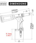 Diagram of Self Suction Pneumatic Rivet Gun With 2.4mm 3.2mm 4.0mm 4.8mm Capacity 19mm Stroke Pro Grade Ultra Lightweight Aluminum And Stainless Steel Riveting Tool For Industrial Use showing dimensions.