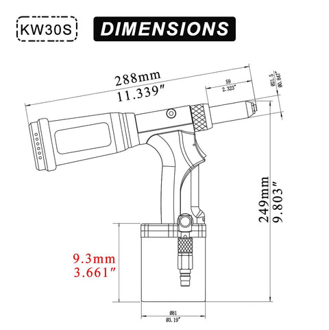Diagram of Self Suction Pneumatic Rivet Gun With 2.4mm 3.2mm 4.0mm 4.8mm Capacity 19mm Stroke Pro Grade Ultra Lightweight Aluminum And Stainless Steel Riveting Tool For Industrial Use showing dimensions.