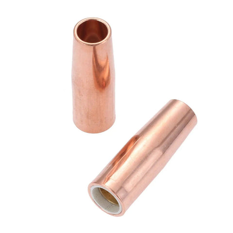 Two durable copper nozzles from the Top Tier Mig Welding Gun Kit Featuring 0.023 Inch Tips, Nozzles And Diffusers For Lincoln Magnum Tweco.