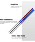 Pro Two Blade Straight Slotting Router Bit With Blue Nano Coating For Precision Grooving And Cutting Woodworking features alloy blade and carbon steel shank.