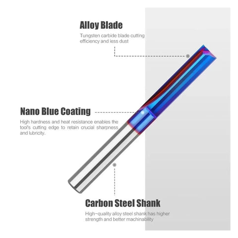 Pro Two Blade Straight Slotting Router Bit With Blue Nano Coating For Precision Grooving And Cutting Woodworking features alloy blade and carbon steel shank.