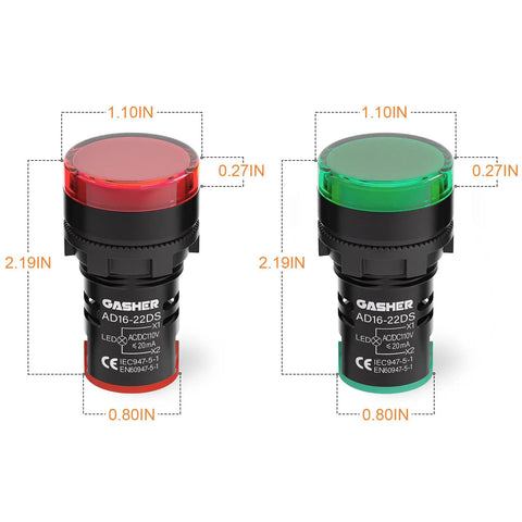 Energy Saving Indicator Lights Set For 12V, 24V And 110V Systems, 20 mA, 22 mm Mounting Hole, Red And Green High Brightness LEDs, 10 Pcs
