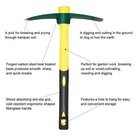 Drop Forged 15 Inch One Piece Adze Pick Garden Tool For Weeding And Digging, 1.4Lb Pick Axe With Plastic Coated Fiberglass Handle
