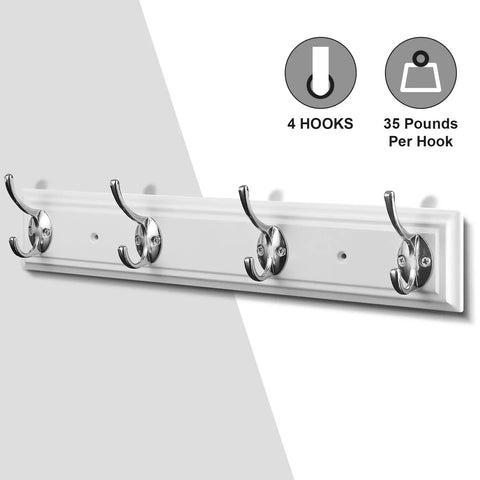 White Wall Mounted Coat Rack With Four Heavy Duty Hooks 17 Inch Wooden Modern Hanger For Coats Keys Bags And More Zinc Alloy Construction