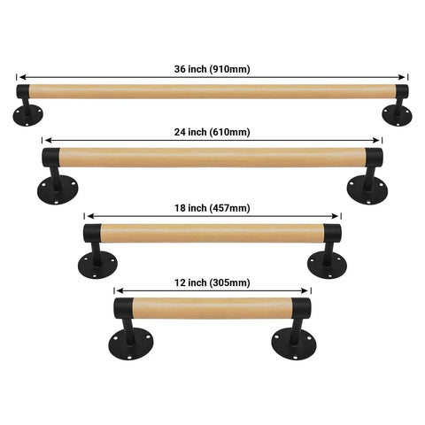Four sizes of beech wood rails with black metal brackets, including 2Ft Wood Hand Rail For Stairs With Black Metal Brackets, Outdoor Steps Banister Deck Rails, Safe Grab Bar For Seniors And Kids, Beech Wood Construction, Smooth Finish, Built Tough Stair Railing For Indoor Or Outdoor Use, shown on white background