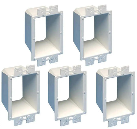 Box Extender For 1-Gang Electrical Outlets White 5-Pack Extends Backset Up To 1-1/2 Inches Levels And Supports Outlets Switches GFCIs Handy Boxes And 4-Inch Square Boxes With Plaster Rings displayed horizontally.