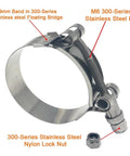 2 Pack 2 Inch Stainless Steel T Bolt Hose Clamps With 56 To 64 Mm Range For 2 Inch Hose ID Heavy Duty Leak Proof Clamp Set Ideal For Automotive Industrial Equipment And Marine Applications showing close-up of clamp components labeled.