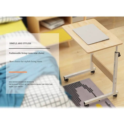 Height Adjustable Mobile Laptop Desk Featuring Smooth Glide Casters And Secure Lock Brakes For Flex Angle Adjustments And Kick Back Living Room Or Home Office Ease with laptop on wood surface.