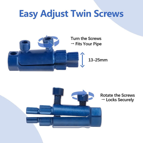 Heavy Duty Broken Pipe Thread Extractor Tool For Half Inch, Three Quarter Inch, And One Inch Pipes With Stripped Bolts And Damaged Threads, Quick Install Portable Faucet Removal Tool, Lightweight Professional Grade With Reverse Groove Grip, showing adjustable twin screws.