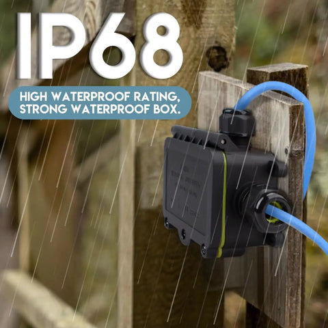 Outdoor Waterproof Electrical Junction Box IP68 3-Way Cable Connector For 5 to 12mm And 3.5 to 10mm Wires, 20A Terminal Block, Built To Last Rugged Weatherproof Box For Outdoor Installations. IP68 junction box on fence with blue cable in rain