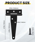 4 Pack Heavy Duty T Strap Gate Hinges for Barn Doors, Black 4 Inch Tee Hinges size chart with screw, rust resistant iron construction.
