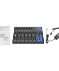 7 Channel Pro DJ Mixer Console With USB For Studio Karaoke And Live Gigs, Audio Mixing Board with manual and power adapter.