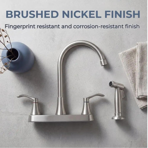 Brushed Nickel Kitchen Faucet With Sprayer And Side Sprayer 3 Hole RV Utility Touch Faucet in stainless steel on display