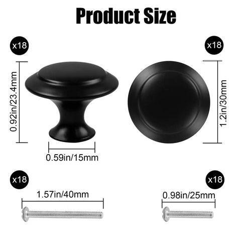 Detailed dimensions of Set Of 18 Black 30mm Cabinet Knobs And Drawer Pulls With Screws For Dressers And Kitchens Durable Matte Finish Easy Install