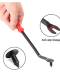 Hand holding rivet removal tool from Universal Golf Cart Fastener Push Rivets Set 100 Piece Xmas Tree Clips For Electric And Gas Models Replacement Fender Flares Deck Trim Golf Cart Accessories.