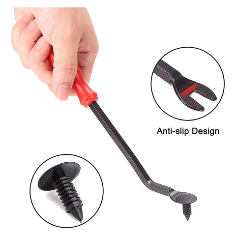Hand holding rivet removal tool from Universal Golf Cart Fastener Push Rivets Set 100 Piece Xmas Tree Clips For Electric And Gas Models Replacement Fender Flares Deck Trim Golf Cart Accessories.
