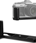 OM System OM 3 Hand Grip Camera Bracket with Arca Swiss Interface and Vertical L Plate in black, showcasing textured surface
