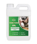 Hella Pure Tung Oil In A Massive 135 Oz Jug for 100 Percent Natural Wood Finish with brush application on wood surface.