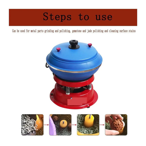 Vibrating Rock Tumbler Polisher For Jewelry Making, 5Kg Capacity, blue and red polisher with examples of usage steps.