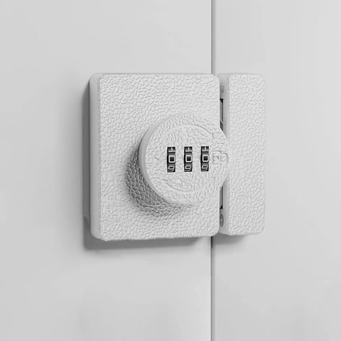 Solid Keyless Cabinet Lock With Three Digit Combo For Sliding Doors And Drawers Featuring Anti Pry Bar And No Sweat Install White Finish mounted on a white cabinet.
