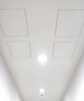 Seamless Touch Latch Drywall Access Door For Walls And Ceilings Invisible Flush Fit Dead Silent Frame Custom Finish Ready Zero Visible Hardware Top Shelf Hidden Panel 12 By 12 Inches shown in ceiling view with mounted lights.