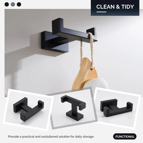 Double Towel Hook Matte Black Stainless Steel Bathroom Towel Holder Wall Mount For Towels Robes Coats And Bags SUS304 Durable Design With 40mm Depth Non Slip Easy Hang No Fuss Heavy Duty Finish showcasing its modern design and functionality.