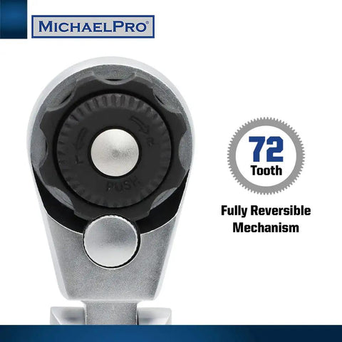 Close-up of Multi Position Extendable Flex Head Ratchet Set with 72 Tooth Reversible Quick Release mechanism